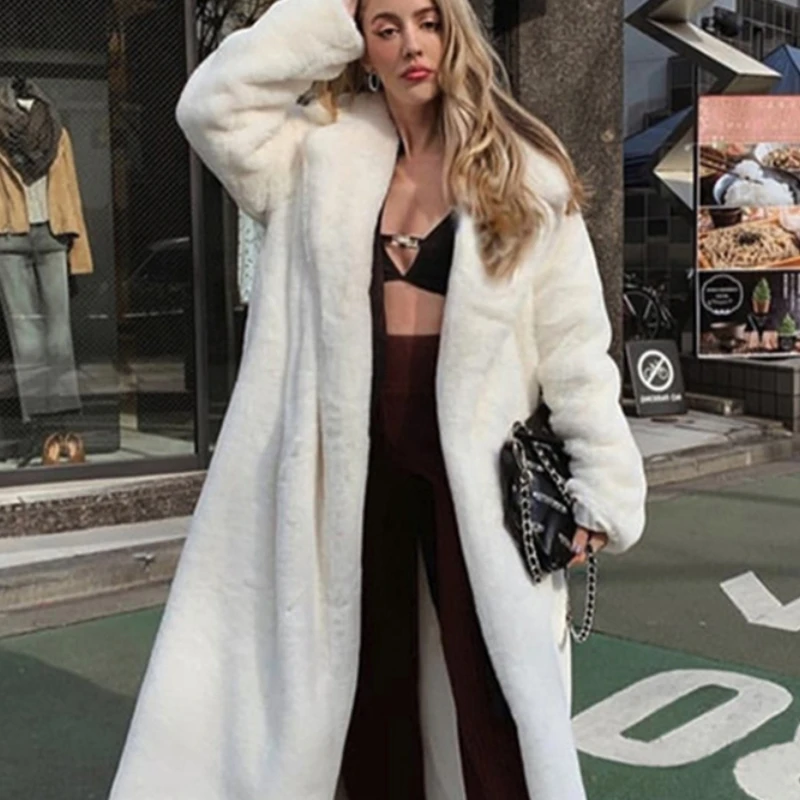 

APIPEE New Women Autumn Winter Furry Warm Fur Outerwear Fashion Loose Faux Fur Rabbit Long Jacket Casual Thickened Fur Coat