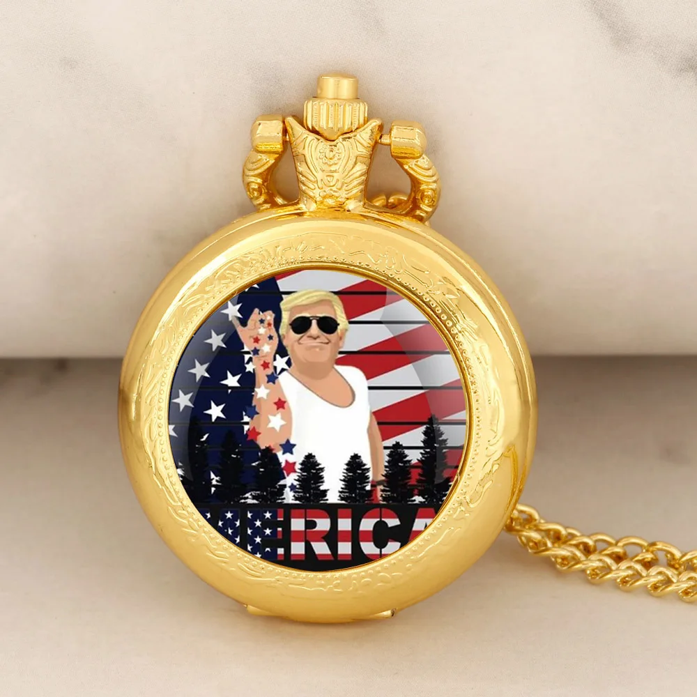 

New Funny Cool Trump Glass Dome Gold Quartz Pocket Watch Women Men Necklace Unique Pendant Clock Watch Jewelry Gift Accessories