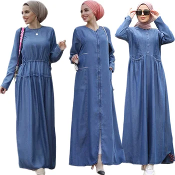 Autumn Denim Dress Women Casual Long Sleeve Maxi Dresses Dubai Abaya Muslim Kaftan Islamic Clothing Arab Robe Party Gown Jilbab