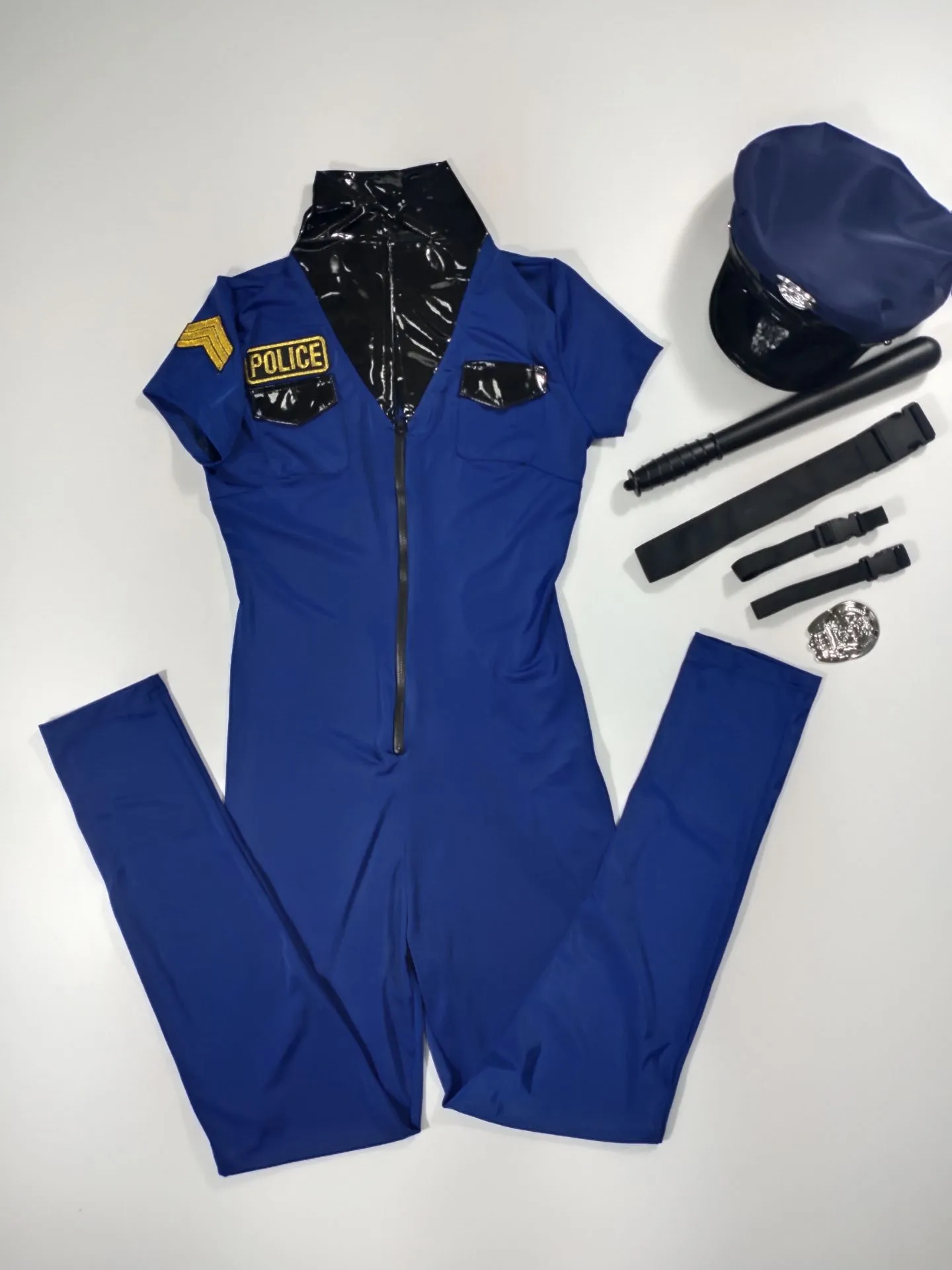 Sexy Female Cop Police Officer Costume Seduction Blue Zipper Policewomen Jumpsuit Halloween Adult Woman Police Cosplay Uniform