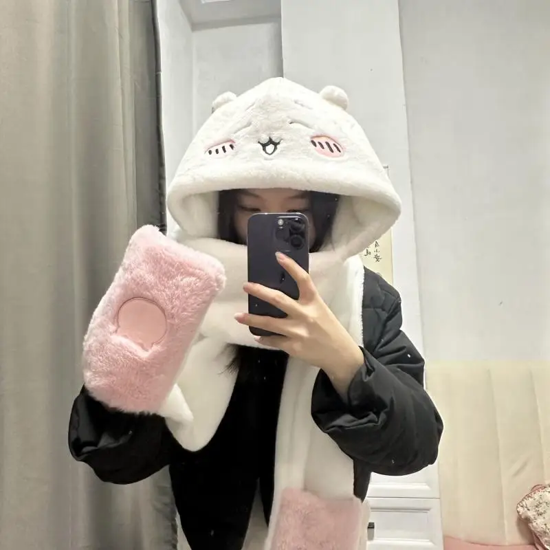 Anime Chiikawas Plush Hat Scarf Gloves Three-In-One Kawaii Hachiware Usage Winter Cold Warmth Thick Cartoon Plush Toys Girl Gift