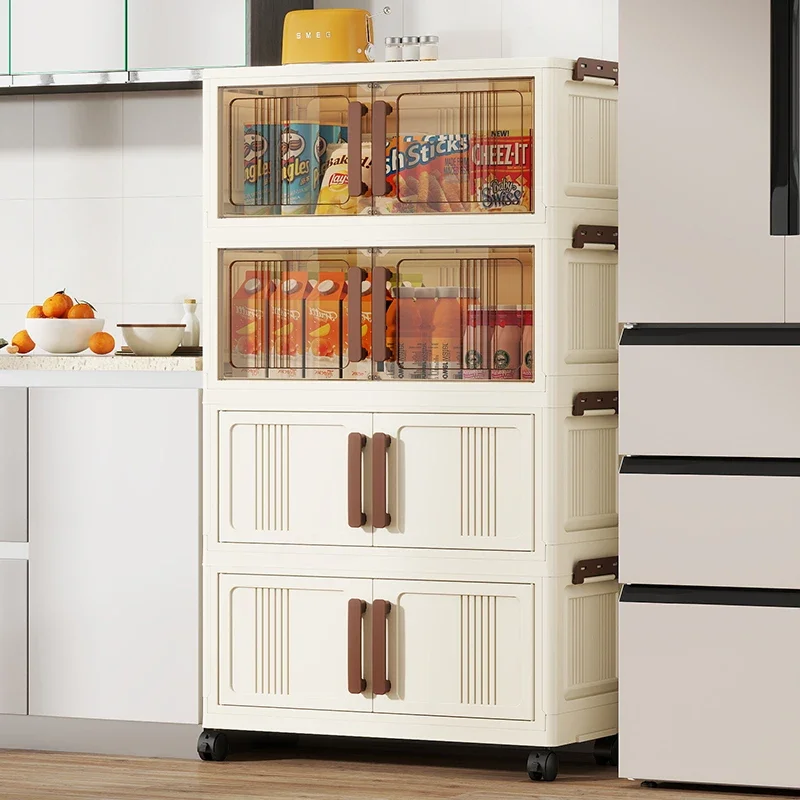 Foldable storage cabinet - movable multi-level double-door storage cabinet - living room and kitchen transparent storage box - 3