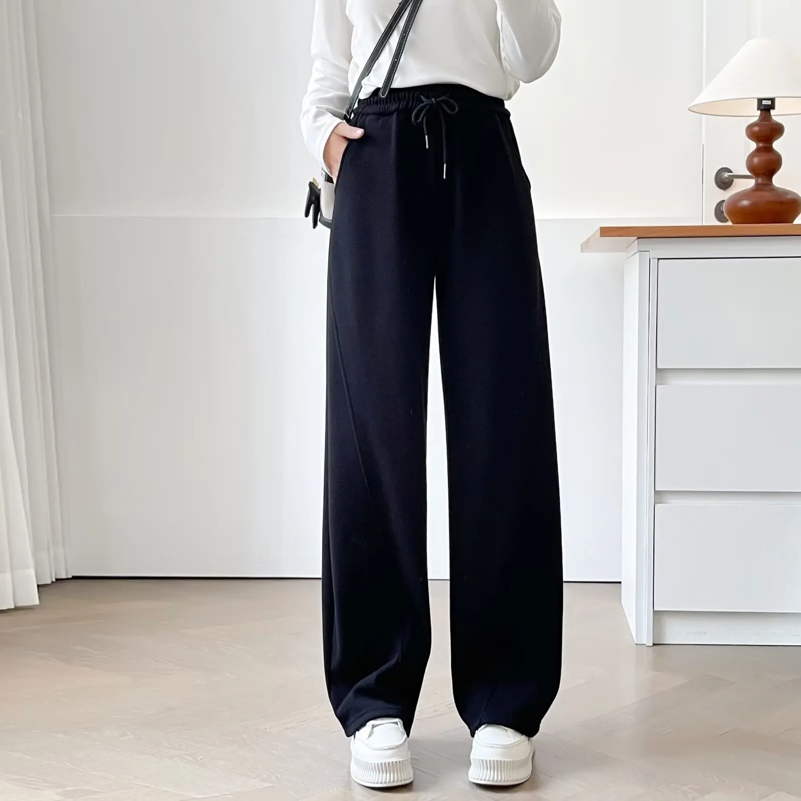 XXXXL Fashion Plus Size Women's Straight Pants Casual Winter Style Simple Fleece Thickened Curved Wide Leg Trousers 2865