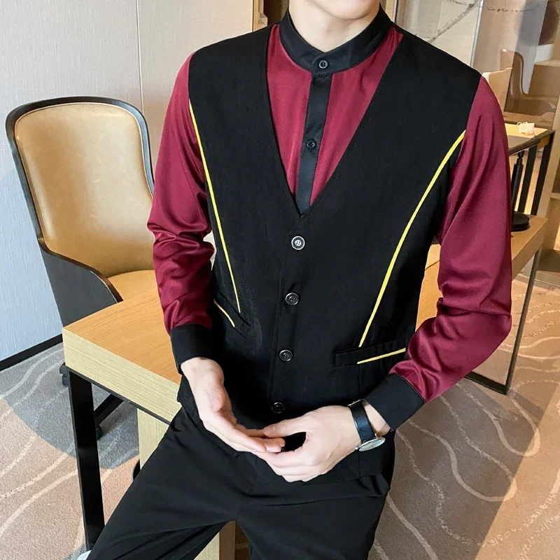 

Plus Size 5XL Long Sleeved Fake Two Patchwork Vest Shirts Men Autumn Button Up Slim Social Mens Dress Shirt Club Party Work Wear