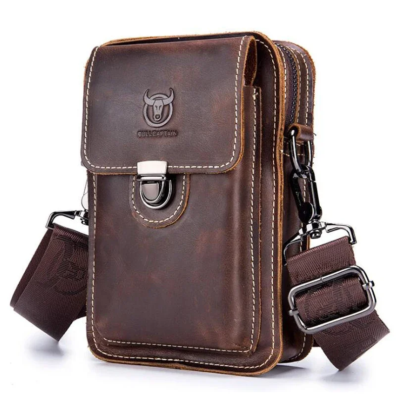 BULLCAPTAIN Crazy Horse Leather Male Waist Packs Phone Pouch Bags Waist Bag Men's Small Chest Shoulder Belt Bag Small Back Pack mobile phone bag mens messenger bag