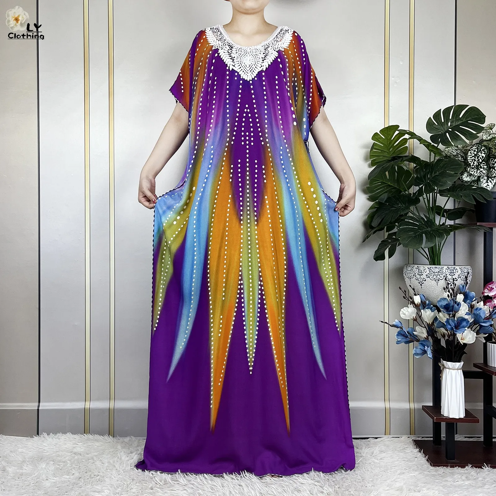 New Dubai Printing Cotton Loose Woman Dresse With Big Scarf African Dashiki Maxi Lady Summer Short Sleeve Islam Casual Vestidos