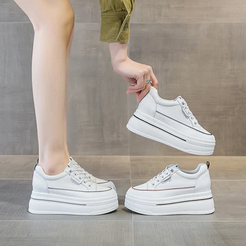Women White Leather Platform Sneakers Hidden Heel Lift Casual Low Top Lace Up Shoes For Daily Walking And Street Style Versatile 1