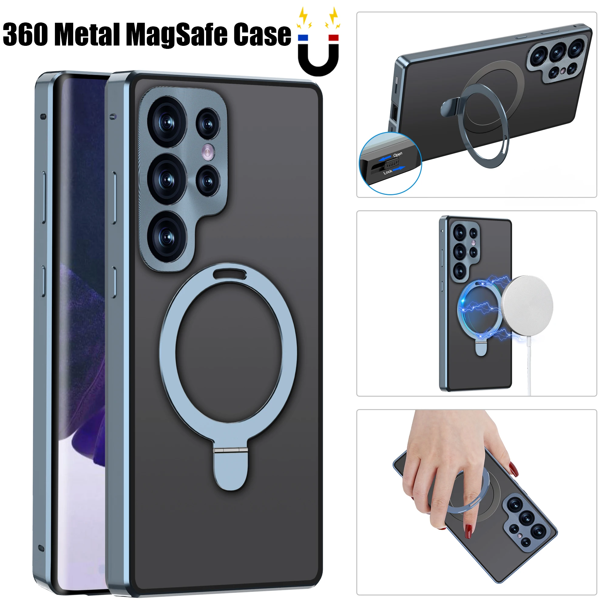 

For Samsung Galaxy S23 S22 Ultra Case 360 Full Screen Camera Protection Metal Rotate Kickstand Car Holder Charging Magsafe Cases