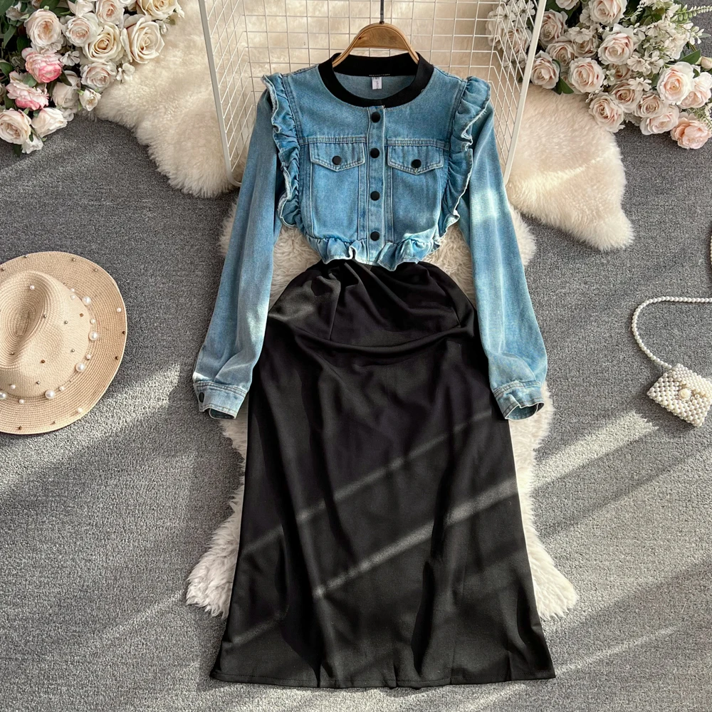 

VANOVICH Spring and Autumn New Luxury Temperament Long-sleeved O-neck Dress Ruffled Denim Patchwork Waist Slim A-line Long Dress