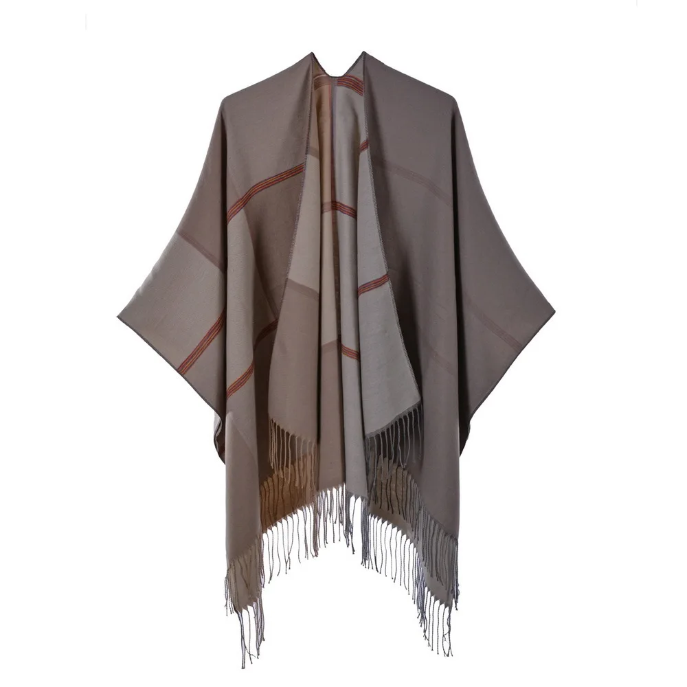 

Autumn Winter Tassel Plaid Knitted Cloak Travel Knitting Imitation Cashmere Poncho Lady Capes Gray 1 Cloaks