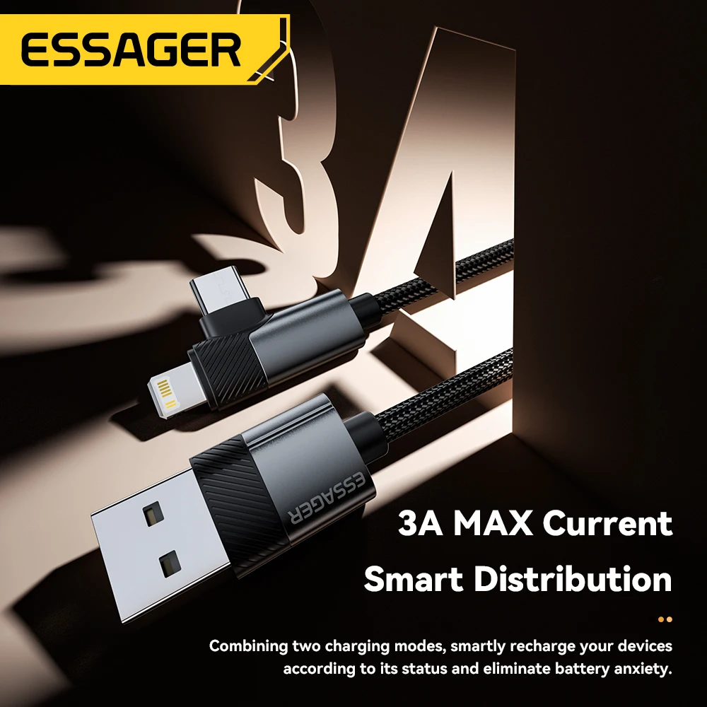 Essager PD 2 in 1 USB A Cable 90 Degree Angle Type C/Lightning Fast Charging Cable For iPhone 16 15 14Pro Max iPad Xiaomi Huawei