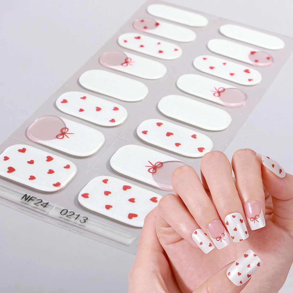 French Cherry Semi-Cured Gel Nail Wraps 16Tips Summer Bow star Full Cover UV Lamp Gel Nail Sticker Long-Lasting Strips