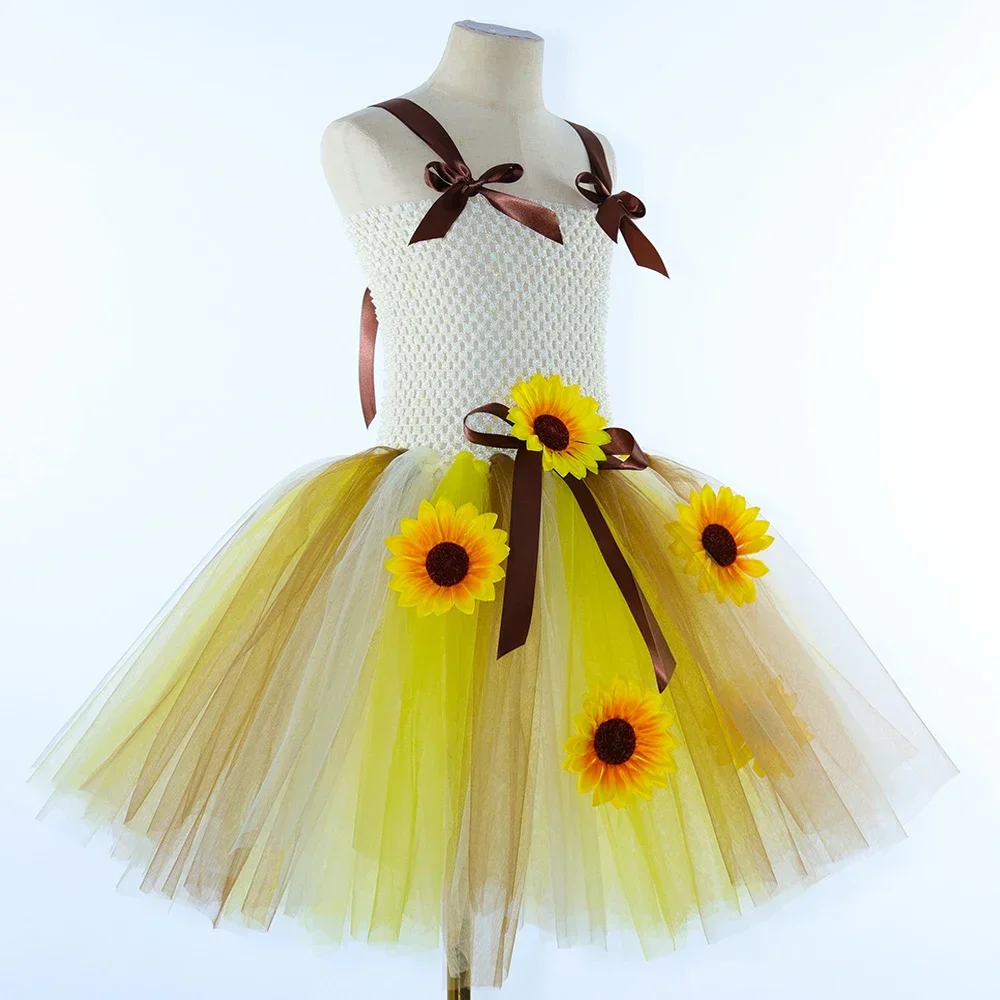 Sunflowers Fairy Princess Dresses with Butterfly Wings Wand Hairbow Girls Birthday Hallloween Costumes for Kids New Years Outfit