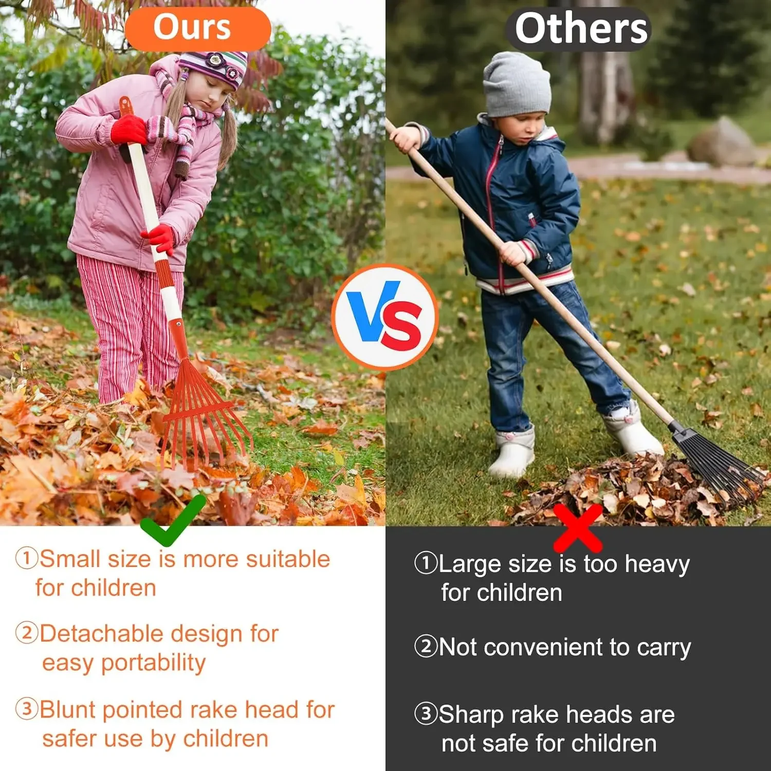 1PCS Kids Rakes for Leaves,Child Size Garden Rake Childrens Lawn with Detachable Hardwood Handle(RED)
