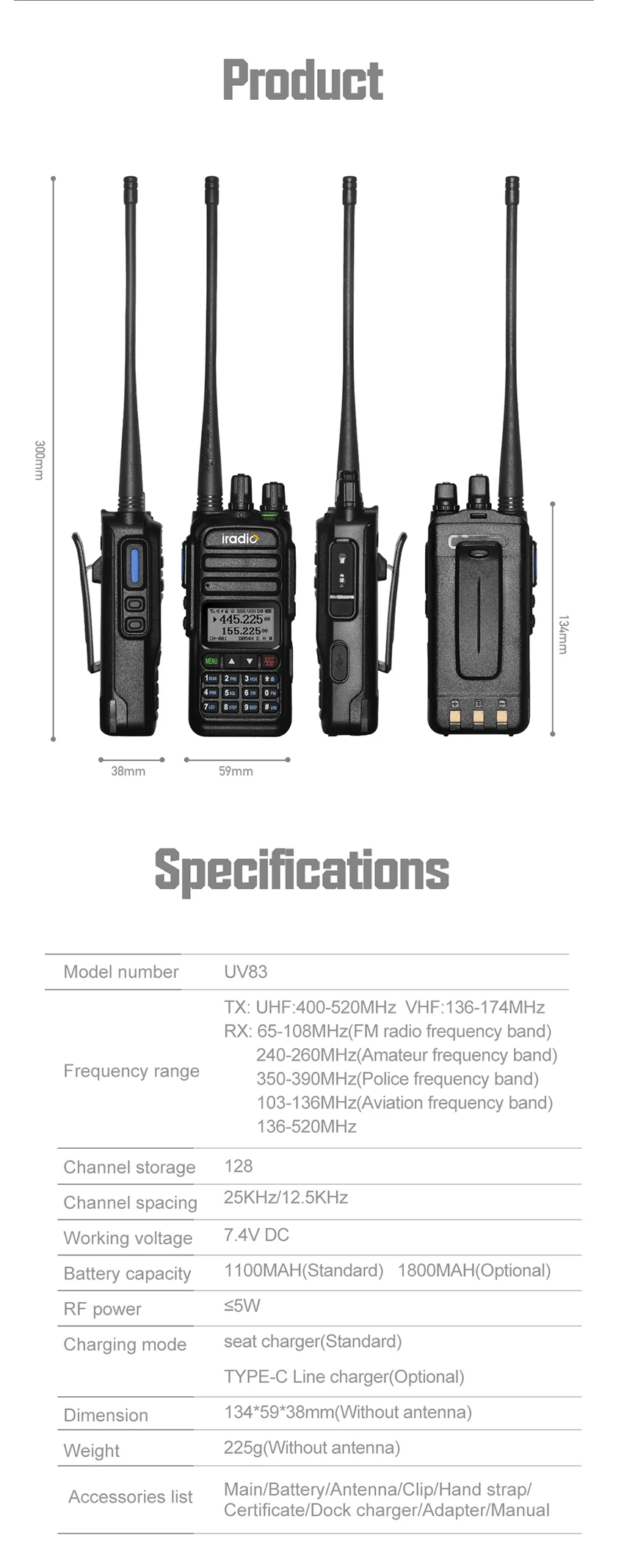 Iradio UV 83 Wireless Copy Frequency Walkie Talkie Long Range Flashlight Type-C Charger Ham Radio UV 5R BF-888S 4