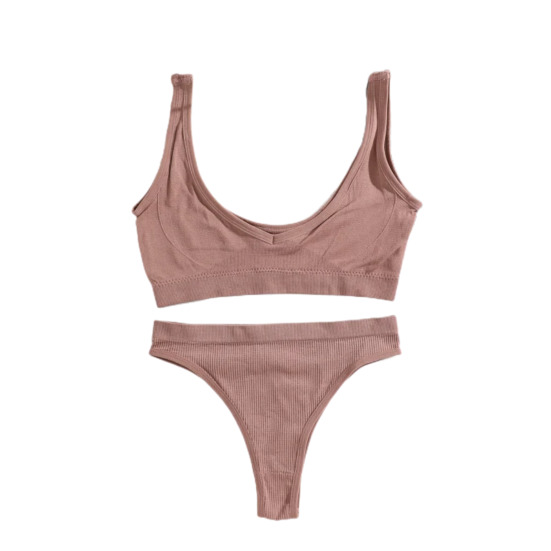 Seamless Bras Set Women Vneck Bralette Top Low Waist Thong Panties Wireless Brassiere Sexy Lingerie Set Female Ribbed_voghion.com