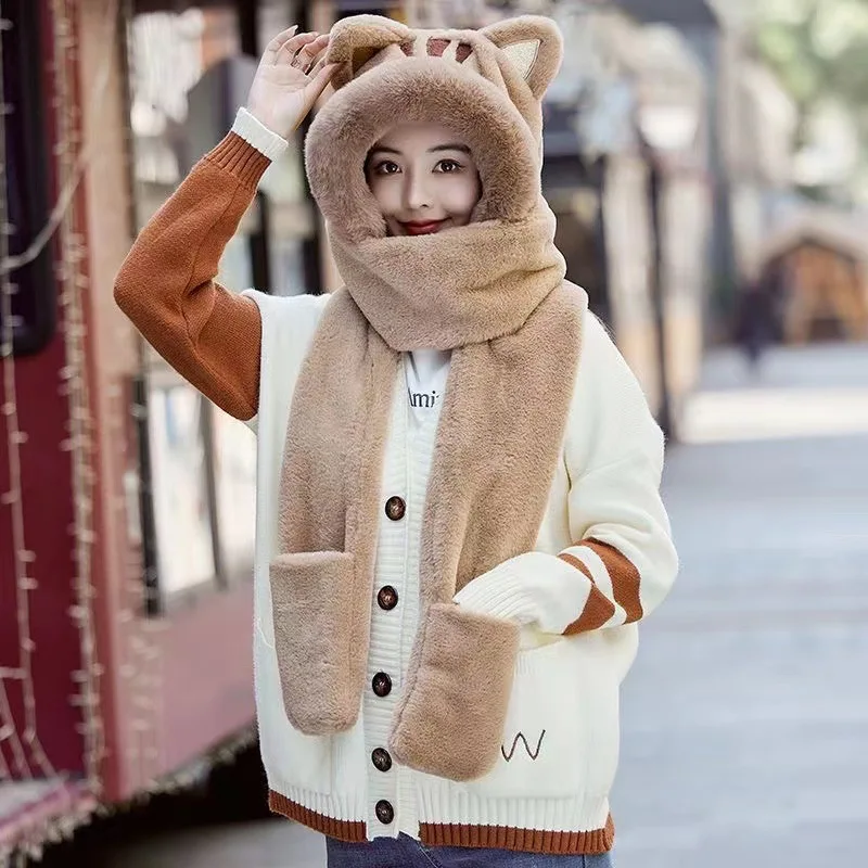 New Cat Plush Hat Scarf Gloves Three Piece One Piece Hat Women's Versatile Fall Winter Thickened Warm 3