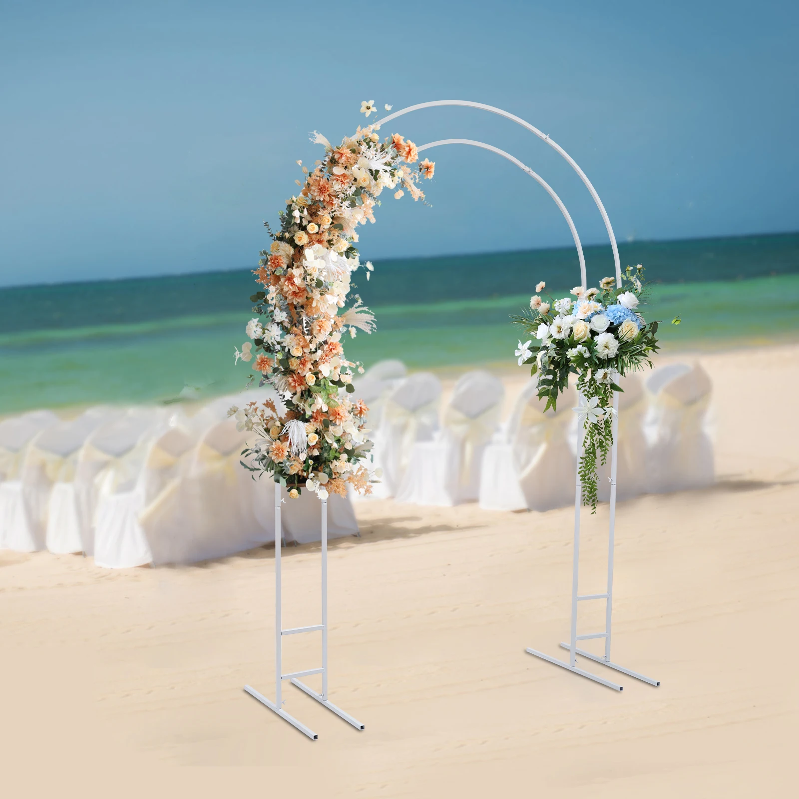 2.2m Gold/White Wedding Arch Stand Metal Backdrop Frame with Stable Base DIY Event Decor for Flowers Balloons Garden Outdoor