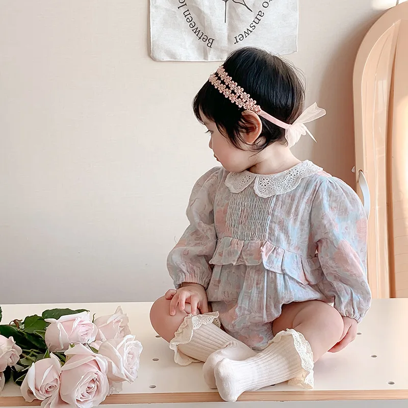 

2023 Spring Autumn Baby Girls Bodysuit Cotton Long Sleeve Vintage Broder Infant Girls Rompers Newborn Girls Jumpsuit Outfits