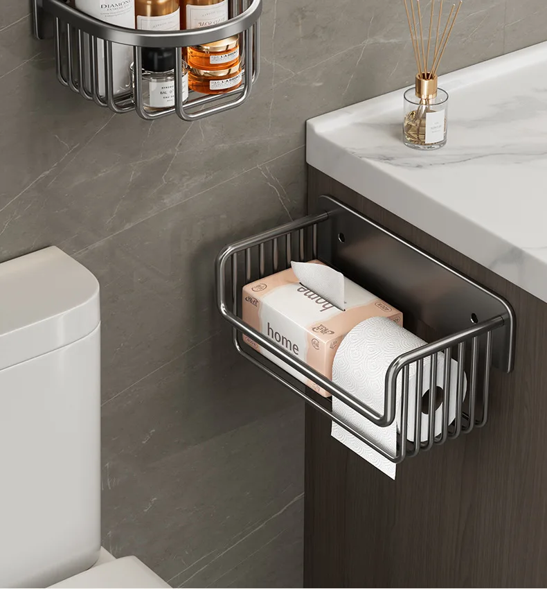 Description Picture 3 of itemBathroom Paper Towel Rack Punch-Free Toilet Paper Storage Rack Accessories Aluminum Shower Shelf Bathroom Organizer