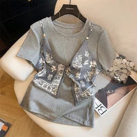 T-shirts pour femmes à effet double, patchwork, mode décontractée, style coréen, camisetas, tops courts oversize, tuniques, t-shirts d'été, vêtements pour femmes 1