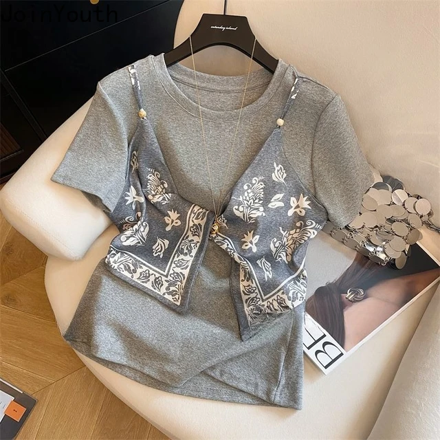 T-shirts pour femmes à effet double, patchwork, mode décontractée, style coréen, camisetas, tops courts oversize, tuniques, t-shirts d'été, vêtements pour femmes 1