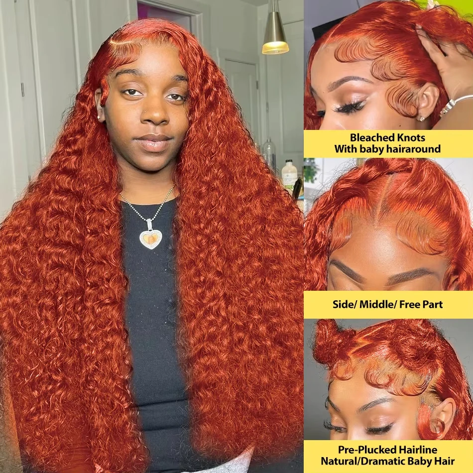 Orange colored Water wave 13x6 hd lace frontal human hair wig Preplucked deep wave 30 inch ginger lace front curly wigs on sale 5