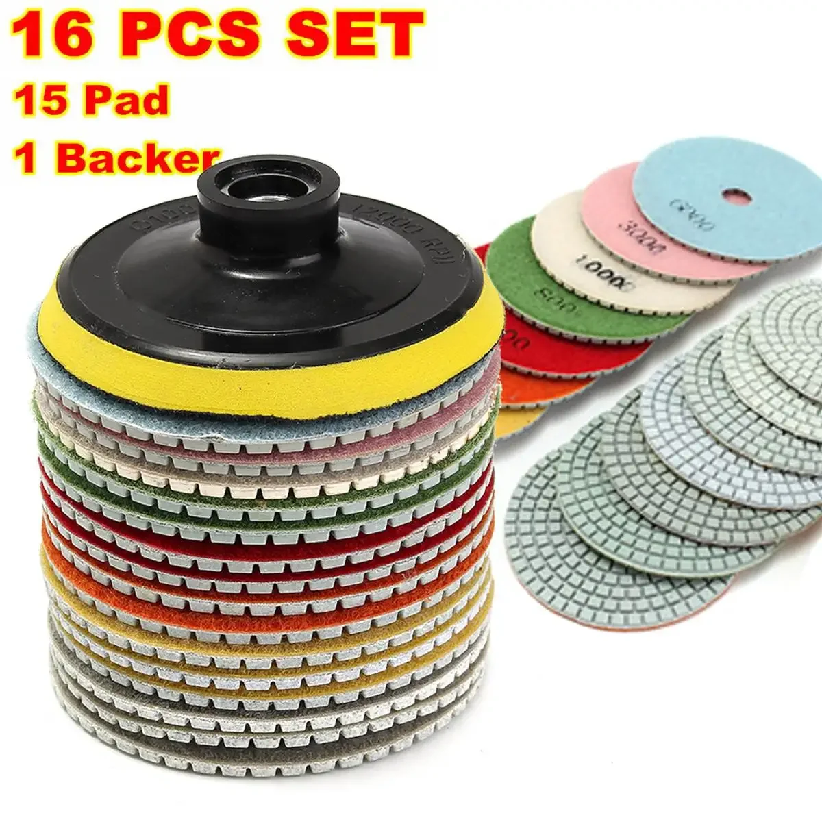 

16pcs Polishing Pads Diamond Kit Wet/Dry 4 inch 100mm For Granite Concrete Stone Marble Polishing Use Grinding Discs Set