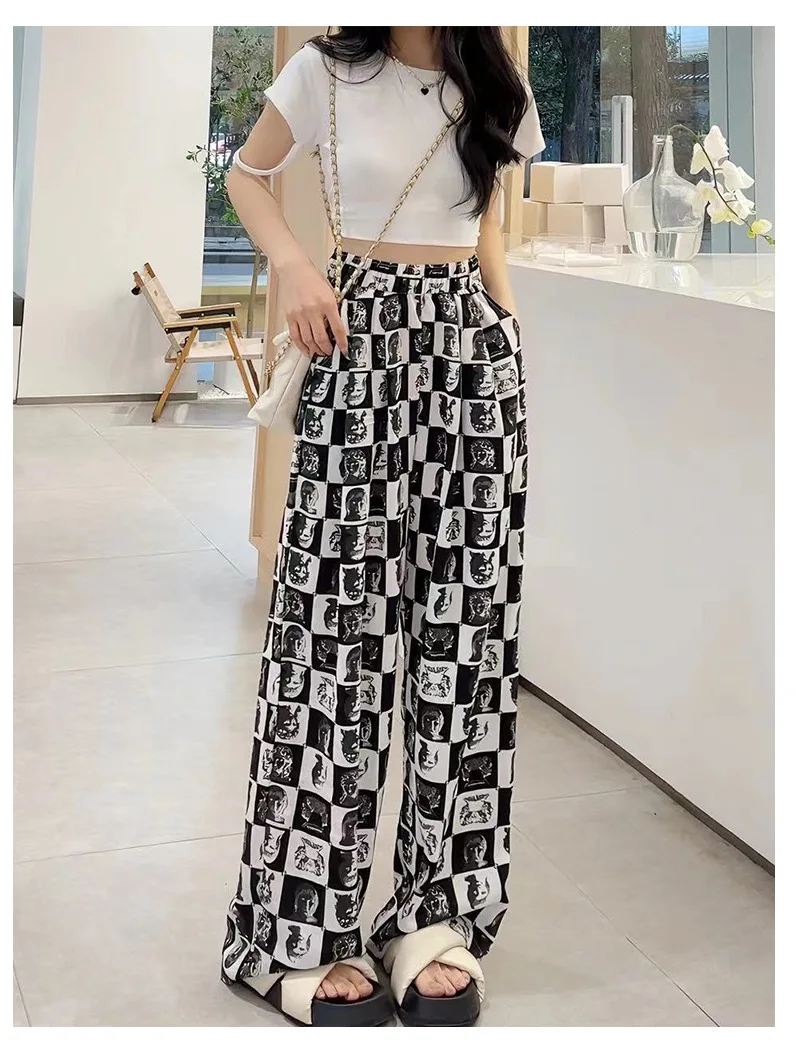 New Chinese Zen Ice Silk Wide Legged Pants for Women's High Grade Ink Painting Chiffon Pants with High Waist Drop and Narrow Ver