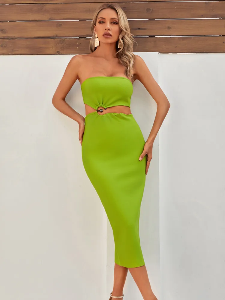 

Laura Kors 2023 Summer Women Sexy Strapless Backless Cut Out Green Midi Bodycon Bandage Dress Evening Club Party Dress
