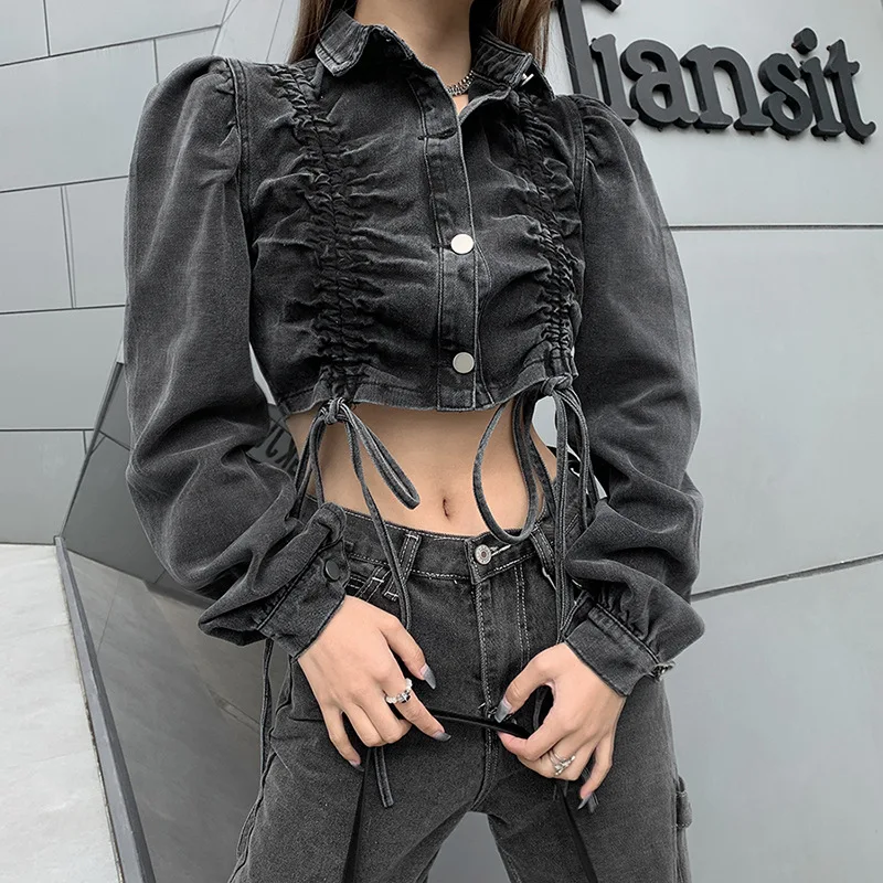 

Fashion Street Style Pleated Button Jeans Jacket Ladies Active Hot Sale Drawstring Fashion Spring Autumn Denim Mujer Jacket Top