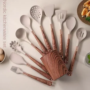 Kitchen Utensils Silicone Cooking Utensils Kitchenware, Gold-plated Wood Grain Handle, Spatula, SpoonsCooking Pots Set 1