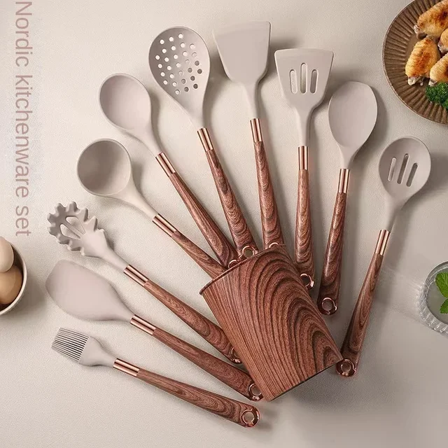 Kitchen Utensils Silicone Cooking Utensils Kitchenware, Gold-plated Wood Grain Handle, Spatula, SpoonsCooking Pots Set 1