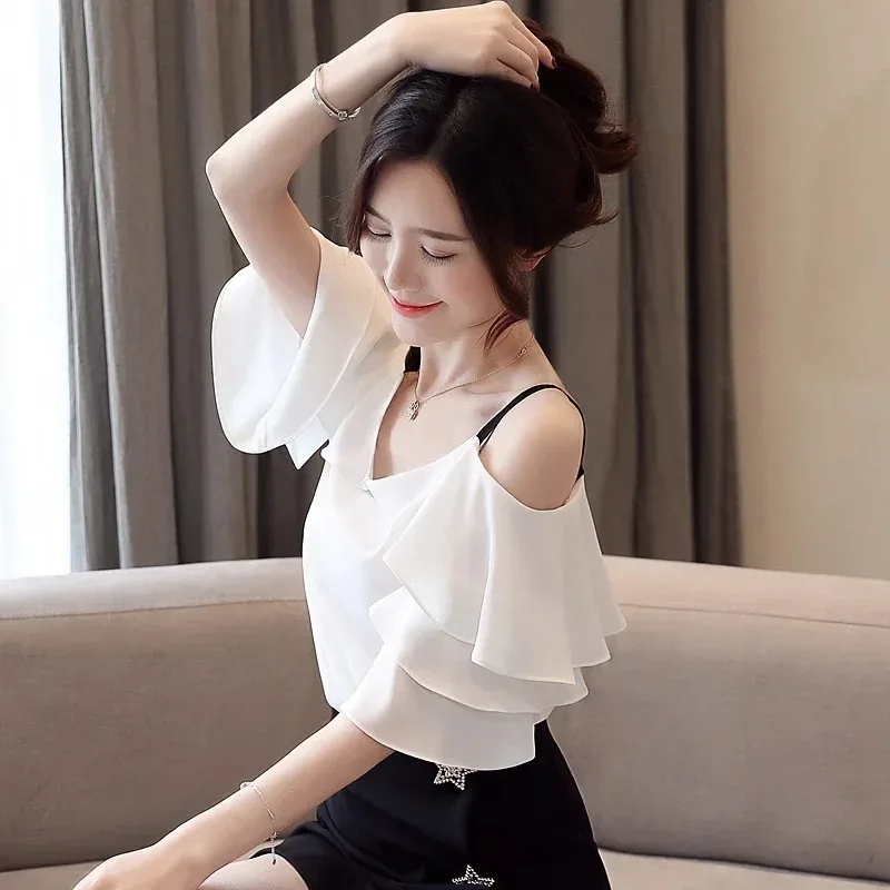 New Women's Fashion Suspender V-neck Chiffon Short-sleeved Shirt Elegant Ruffle Edge Decorative Casual Shoulder Blouse 3571