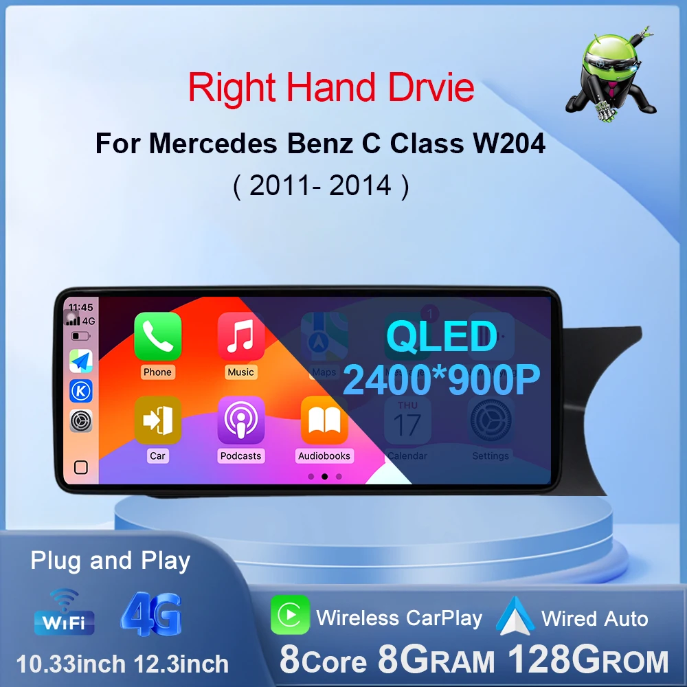 Radio de coche reproductor de vídeo Multimedia navegación GPS Android 14 CarPlay para Benz C W204 2011- 2014 NTG 4,5 sistema mano derecha Drvie 1