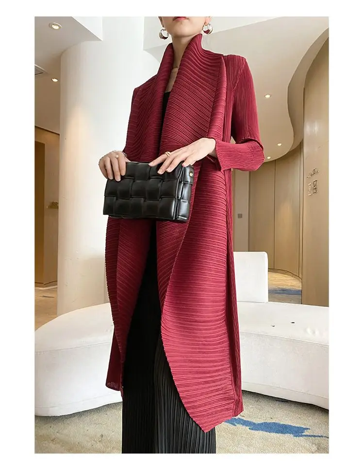 Luxury Pleated Coat New Turn Down Collar Long Sleeve Mid-length Trench Coat Oversized Windbreaker Cardigan High-end Chic Jackets