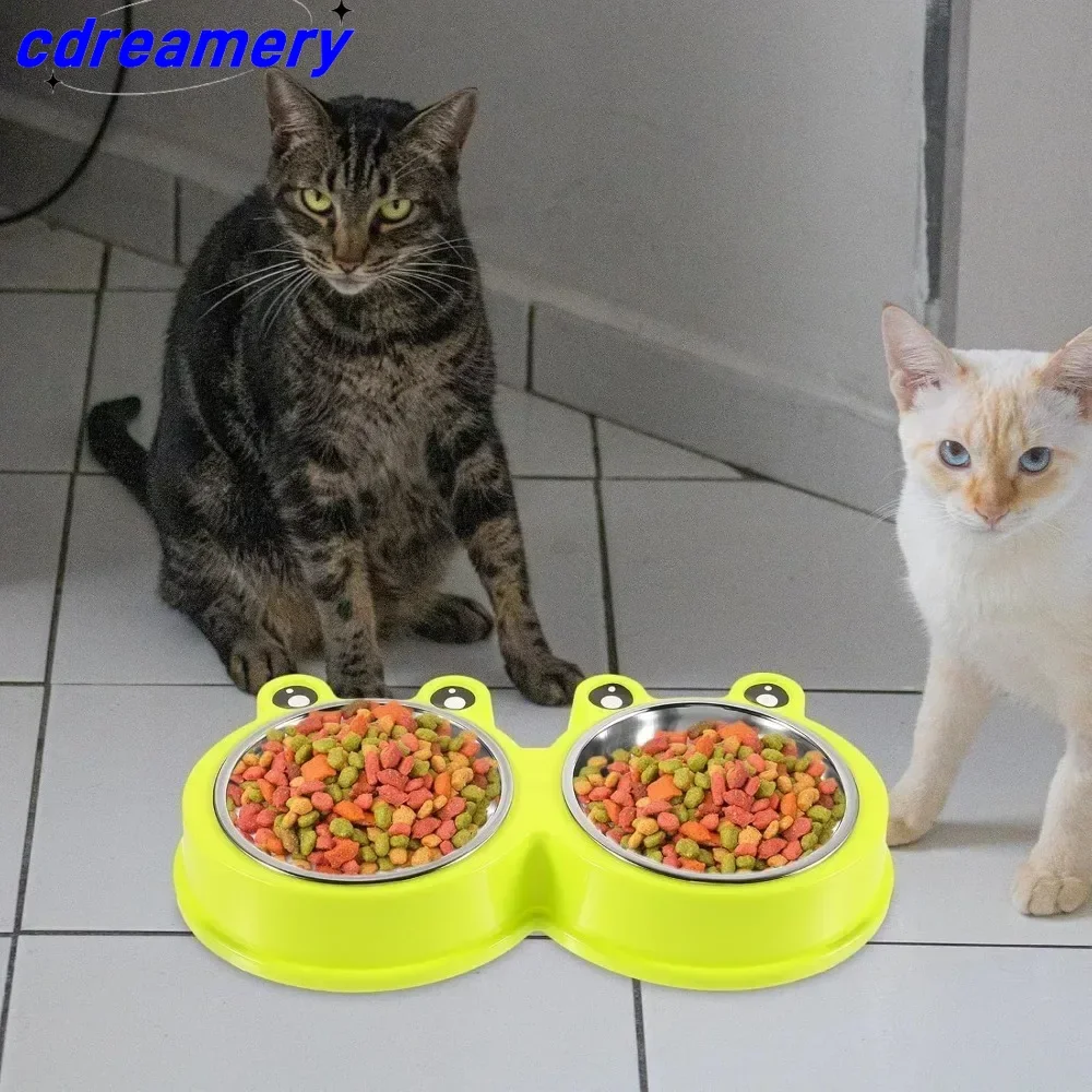 CDY Cat Bowl Dog Bowl Drinking Water Feeding One-piece Pet Double Stainless Steel Frog Pet Food Utensils Products
