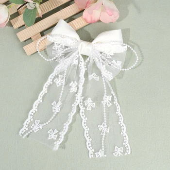 Fermaglio per capelli con fiocco in tulle Dolce maglia di chiffon Patchwork Bownot Forcina Elegante perla Perline Barrette Accessori per copricapo da donna per ragazze