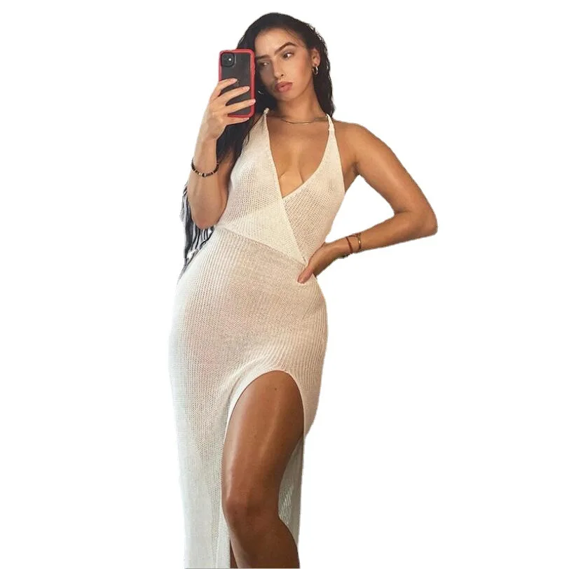 SKMY 2023 European and American Summer Women's Fashion V-neck Open Back Lace Up Transparent Beach Style Sling Slit Dress Trend