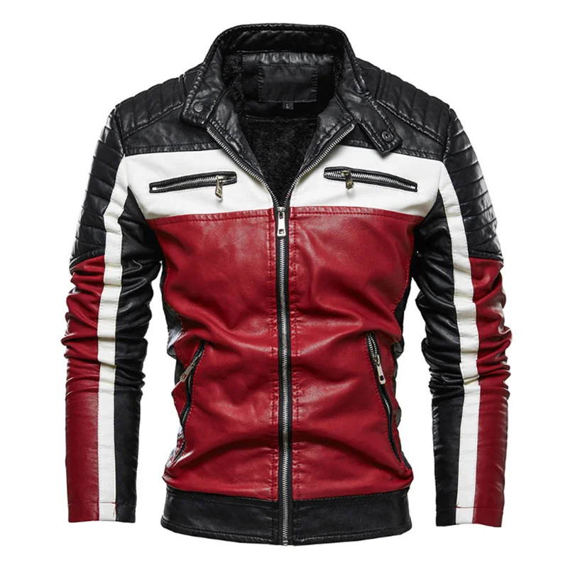 

New Men Casual Motorcycle Pilot Leather Jackets Coats Fashion Colorblock Biker Jacket Men Fleece Faux Leather Coat