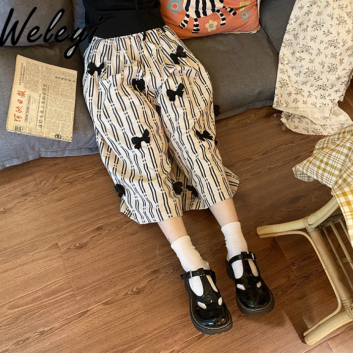 Women Clothes Lolita Pants 2024 Summer New Fashion Cute Casual Wide Leg Bow Versatile Retro Striped Straight Cropped Pantalones