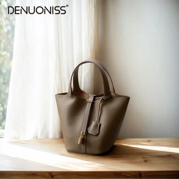 2025 Casual Fashion Female Genuine Leather Bucket Bag Luxury Handbag High-End Tote Bag Woman Cow Leather Mommy Bag & Metal Lock