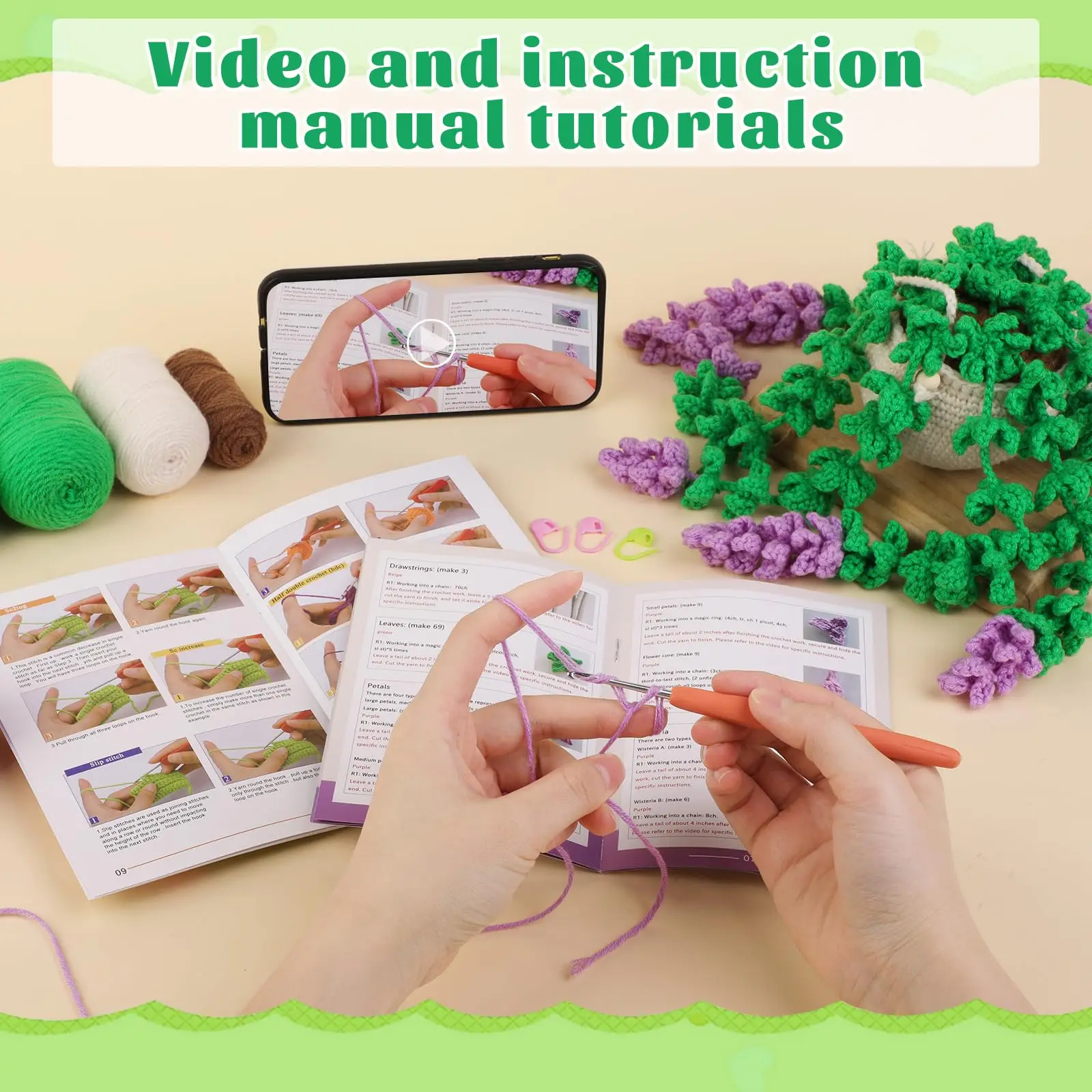 Hanging Potted Plants Knitting Starter Pack Beginners Decoration Crochet Starter Kits Step-by-Step Tutorials Fenrry