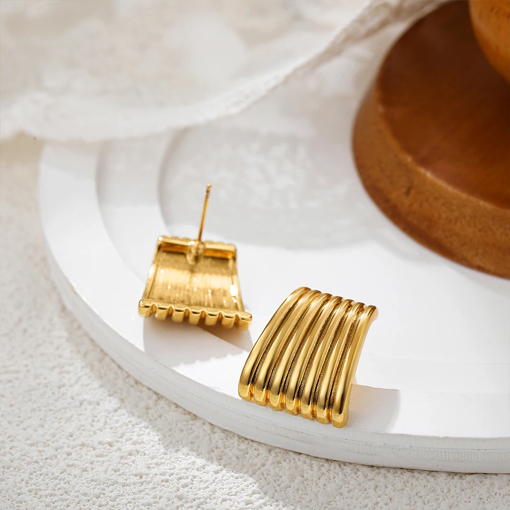 Vintage Texture Striped Wide Fan-shape Stud Earrings for Women Waterproof Stainless Steel Gold Plated Geometric Designer Jewelry