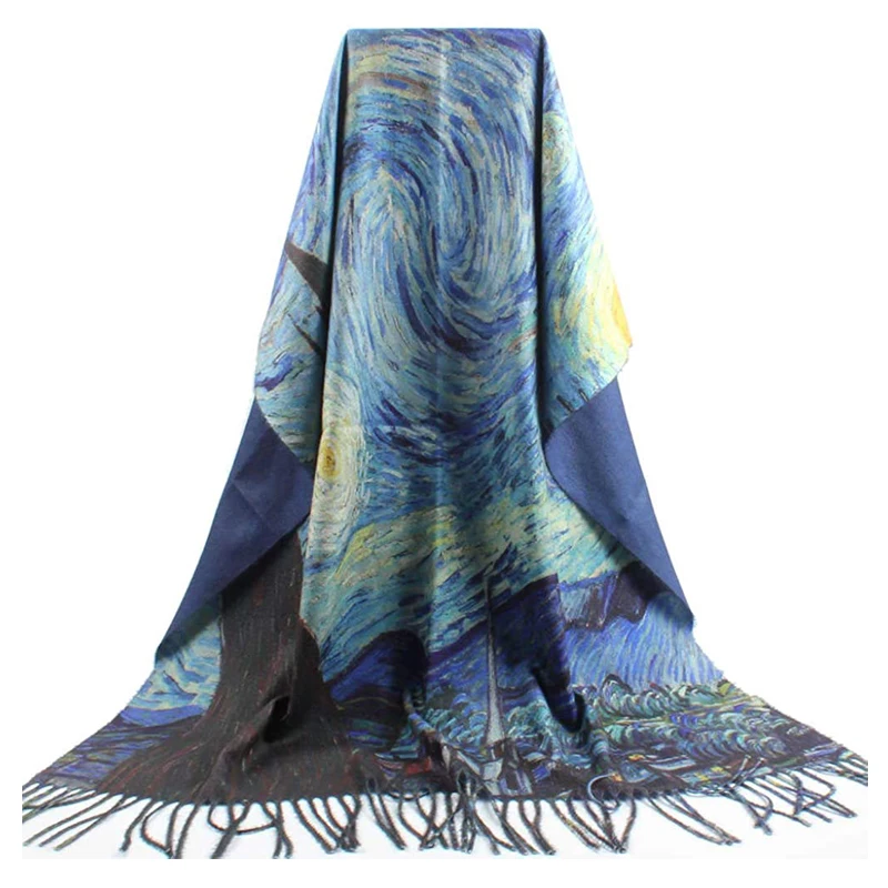 NEW Winter Scarf Women Cashmere Wrap Warm Pashmina Van Gogh Starry Night Foulard Female Scarves Thick Soft Blanket Tassels Shawl 6