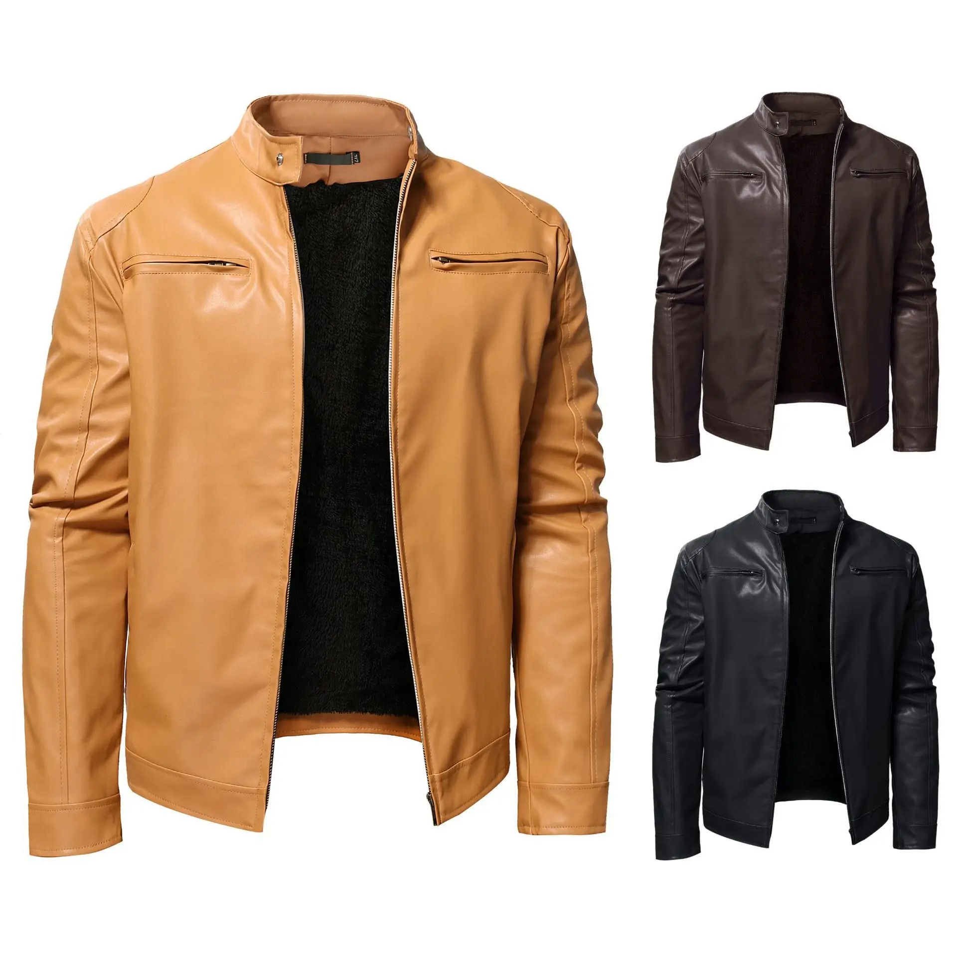 

Autumn new men's business gentleman plush and thick zippered cardigan stand up collar large leather jacket for men