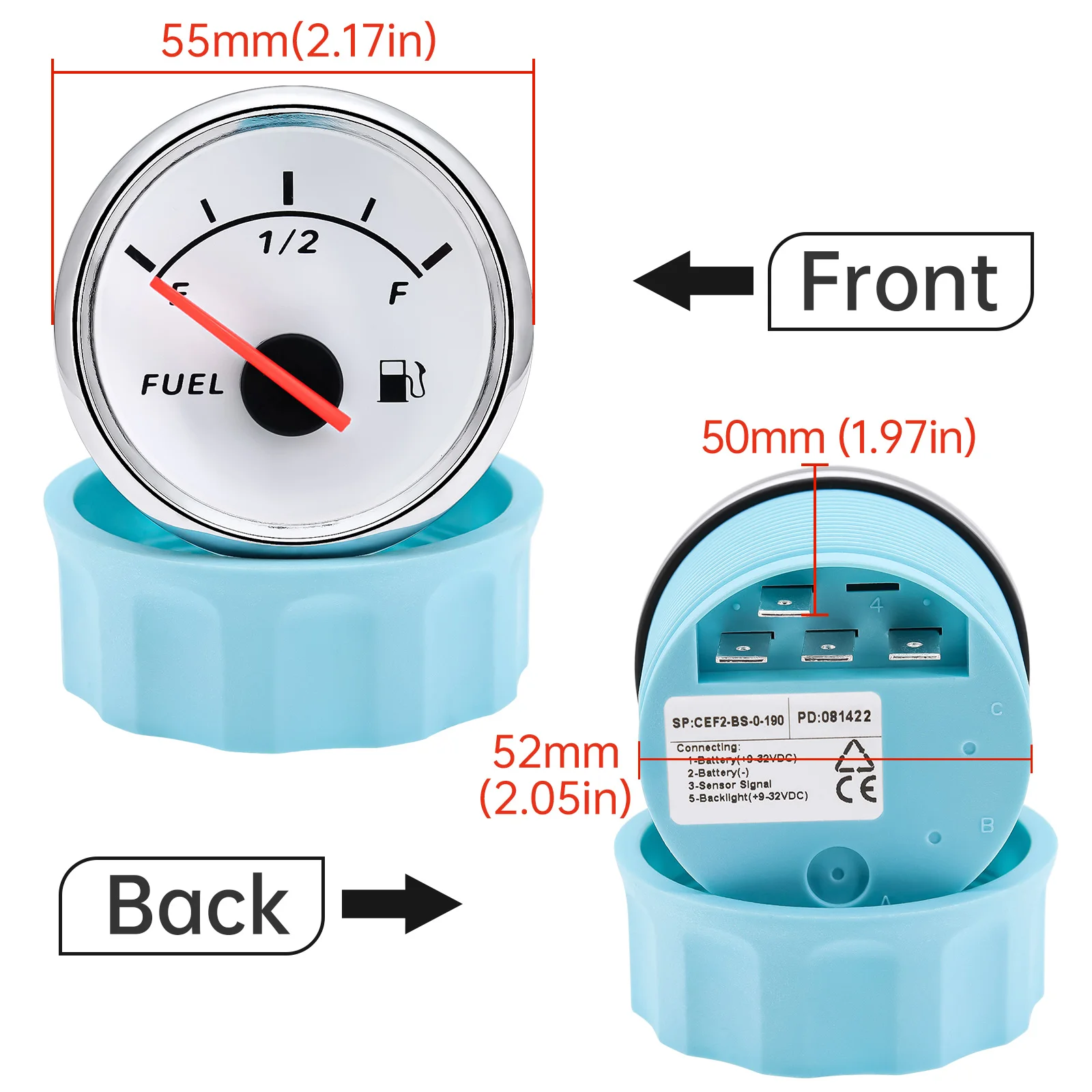 52mm Gauge Waterproof Oil/Voltage Pressure 、Water/Fuel Level Gauge 、Water/Oil Temperature Gauge 0-190ohm for Boat Car