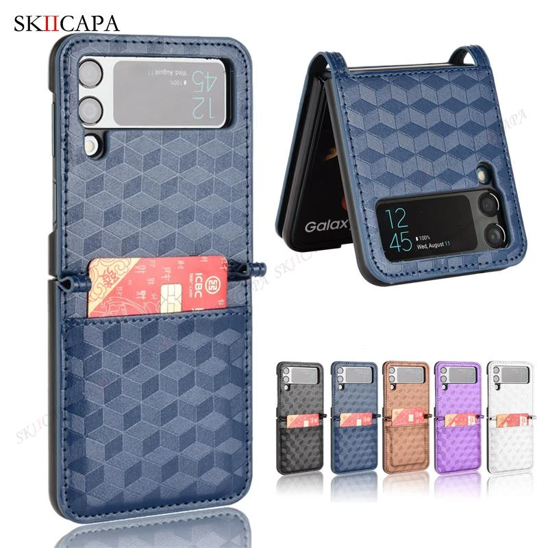 galaxy z flip3 5g case Leather Card Slot Phone Case for Samsung Z Flip 3 5G Hard PC Protective Cover For Galaxy Z Flip3 SM-F711B Ultra Slim Phone Case galaxy z flip3 5g case
