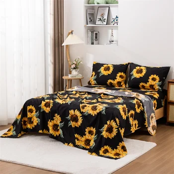 Set di lenzuola 4 pezzi Girasoli Set di lenzuola con stampa floreale Lenzuola con motivo fiori gialli Set di lenzuola per pittura a olio di girasoli per adulti 1