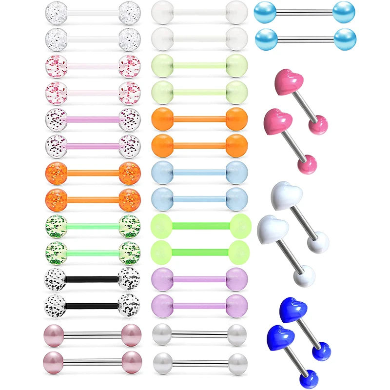 36PCS  Tongue Piercing Tongue Barbell Rings 16mm Acrylic Ball Nipple Retainer 14G Flexible Body Piercing Jewelry Glow In Dark